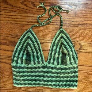 Chic Green Striped Crochet Crop Top